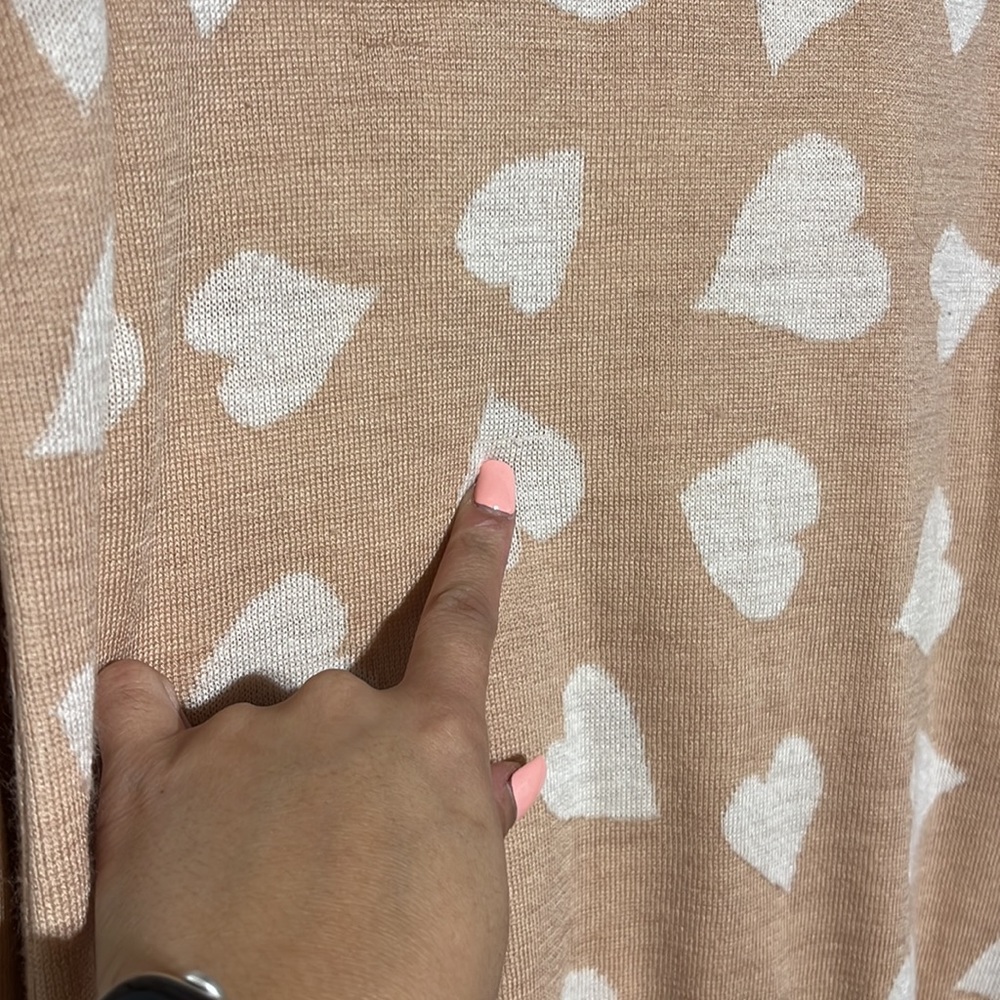 LOFT Nude Blush Pink White Hearts Ribbed Detail Crewneck Sweater Size L - Picture 7 of 9